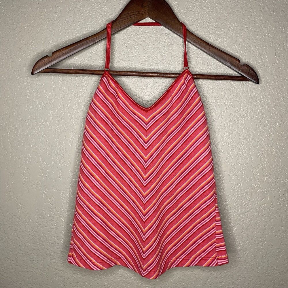 One Step Up Medium Y2K Vintage 2000s Striped Halter Neck Top Pink Cropped Preppy